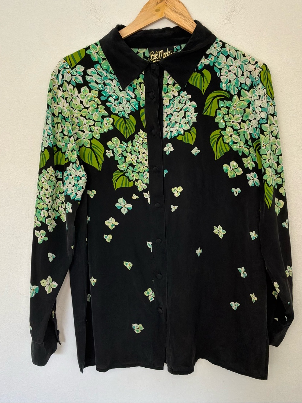 Bob Mackie Wearable Art Black Green Floral 100% Silk Blouse Size Medium